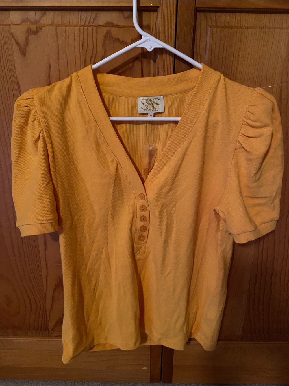 SSS Women's Golden Yellow Puff-Sleeve V-Neck Button Blouse